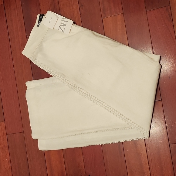 Nwt! Zara Lace Insert Linen Blend Pants - Picture 2 of 7